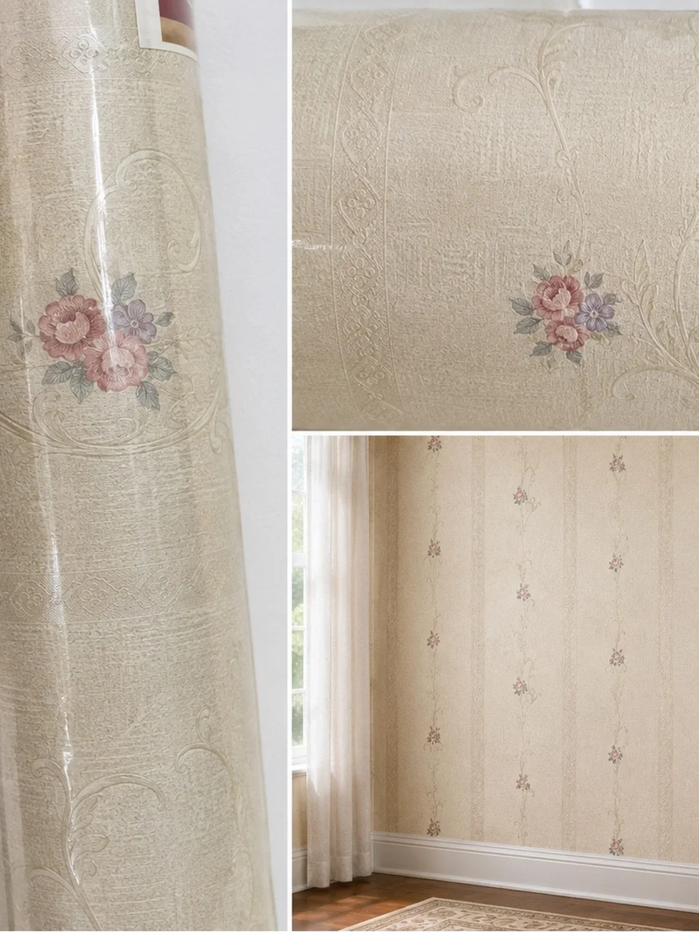 Emiliana Parati VTG Italian Vinyl Wallpaper Floral Pre-Pasted Beige Pink 11 Yd